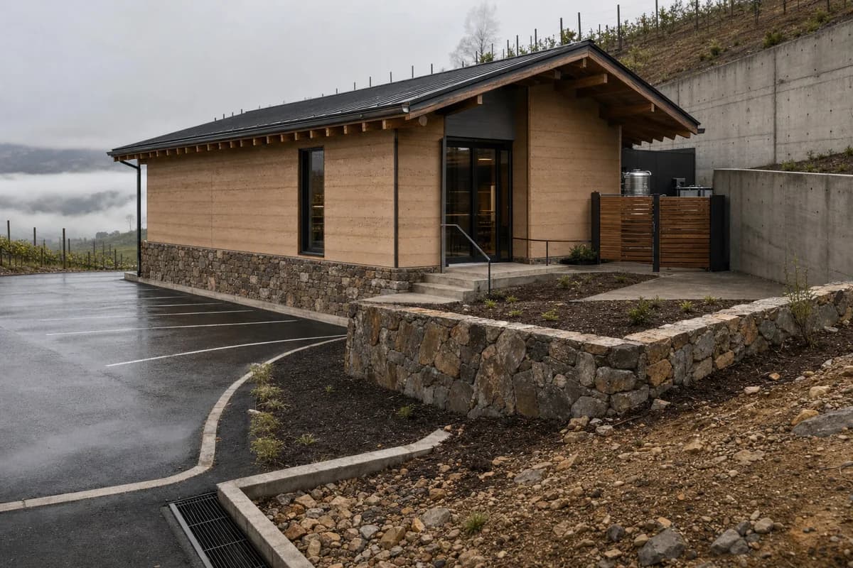 Rammed-earth tasting room overlooking terraces softened by valley fog.