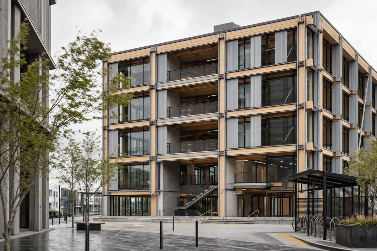 LVL co-working center with expressed seismic cores in windy Wellington.