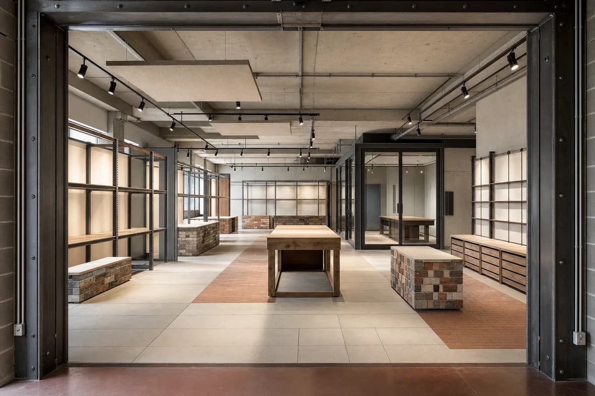 Materials gallery with bolted reclaimed frames, removable panels, and empty exhibition bays.