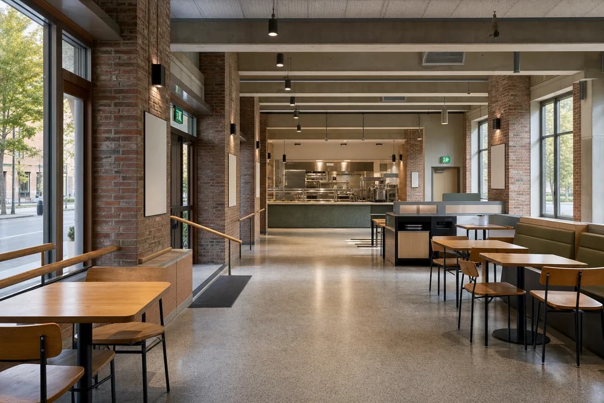 Unoccupied brick and precast neighborhood canteen with clear service zones.