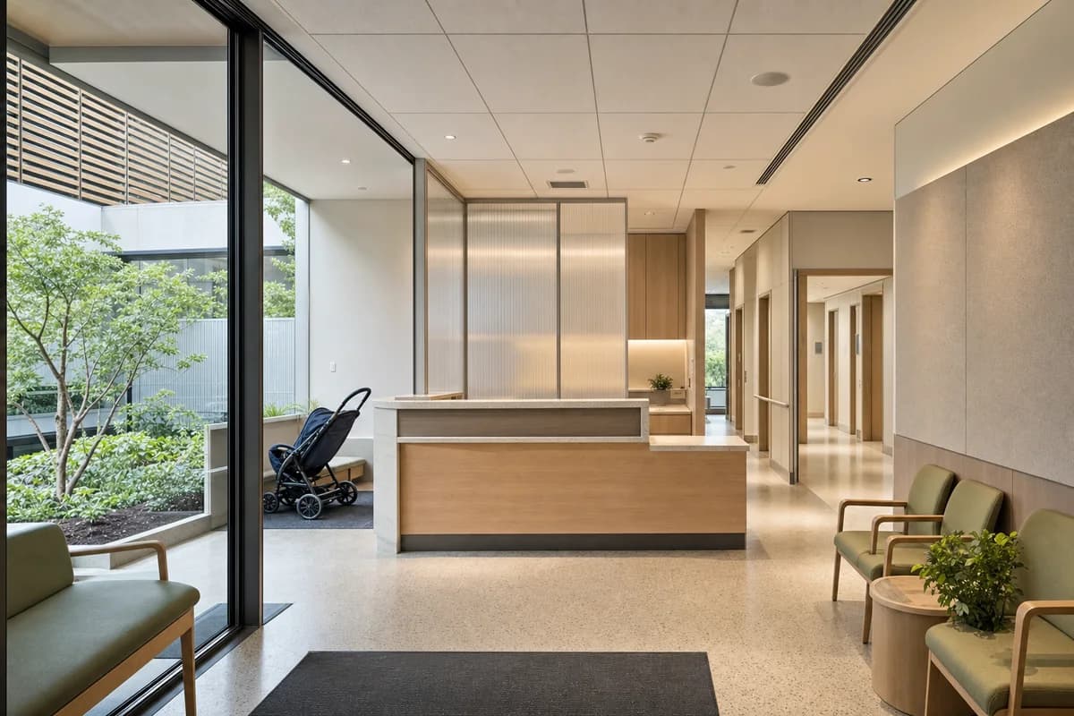 Second accepted render of the clinic from the same 35mm entrance camera, with identical morning light, geometry, patient activity, and conditions.