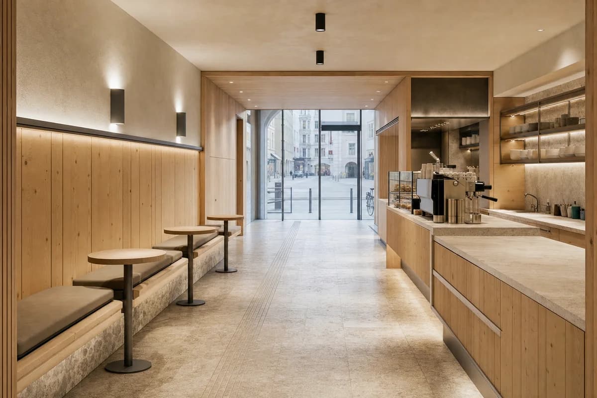 Alpine Passage Cafe, transit-adjacent coffee room organized by a warm inner room widening a sheltered pedestrian passage.