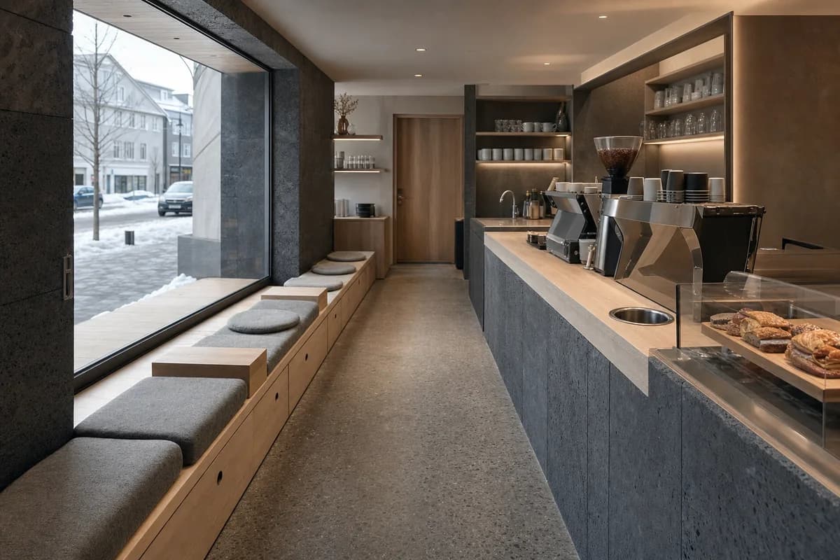 Basalt Window Cafe, compact coffee room organized by an L-shaped ash espresso counter facing a deep basalt street-window bay with a continuous six-seat bench, leaving a direct 1.2-meter entry and pickup route between them.