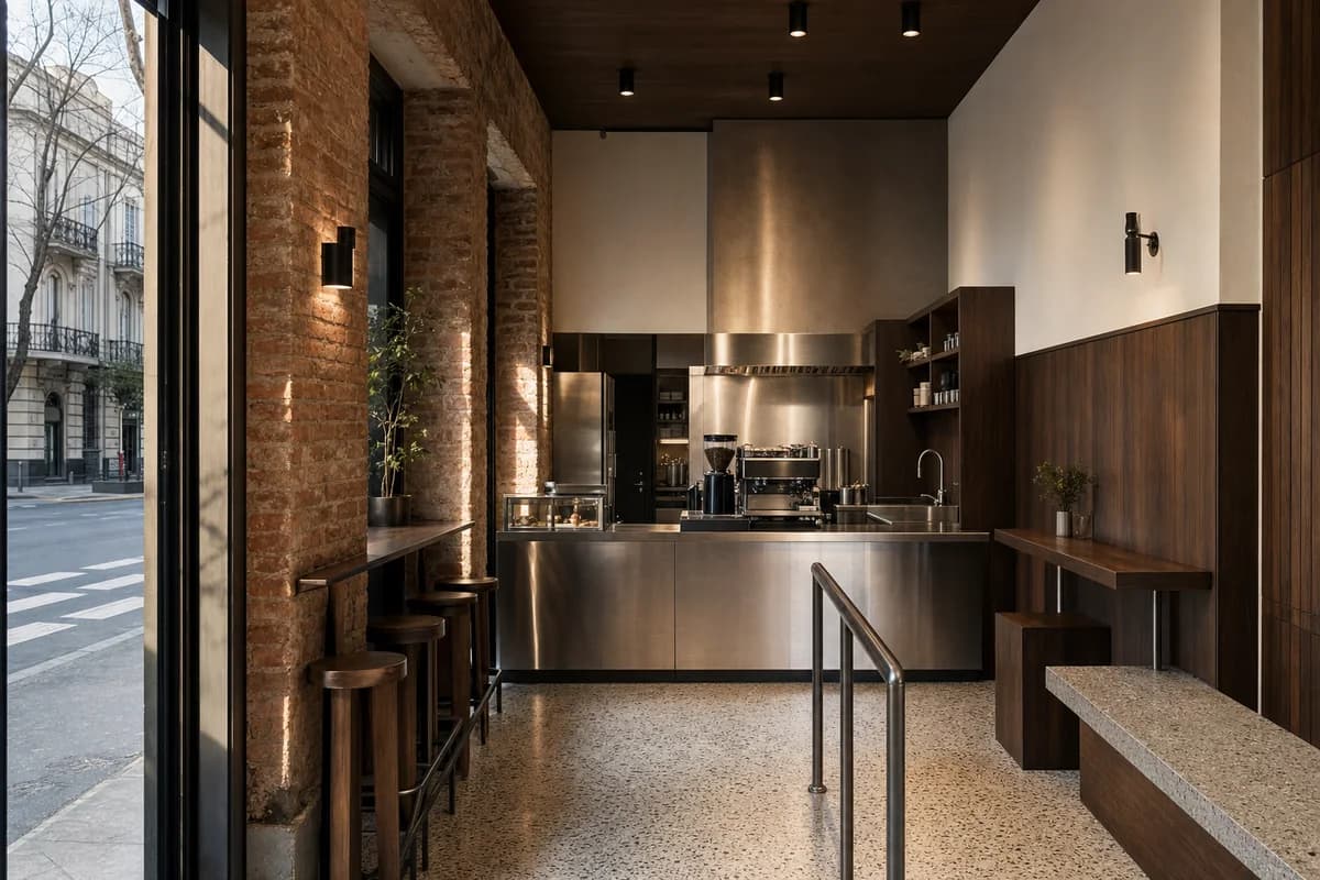 Brick Window Espresso Bar, standing cafe organized by a compact bar set within a deep retained masonry bay.