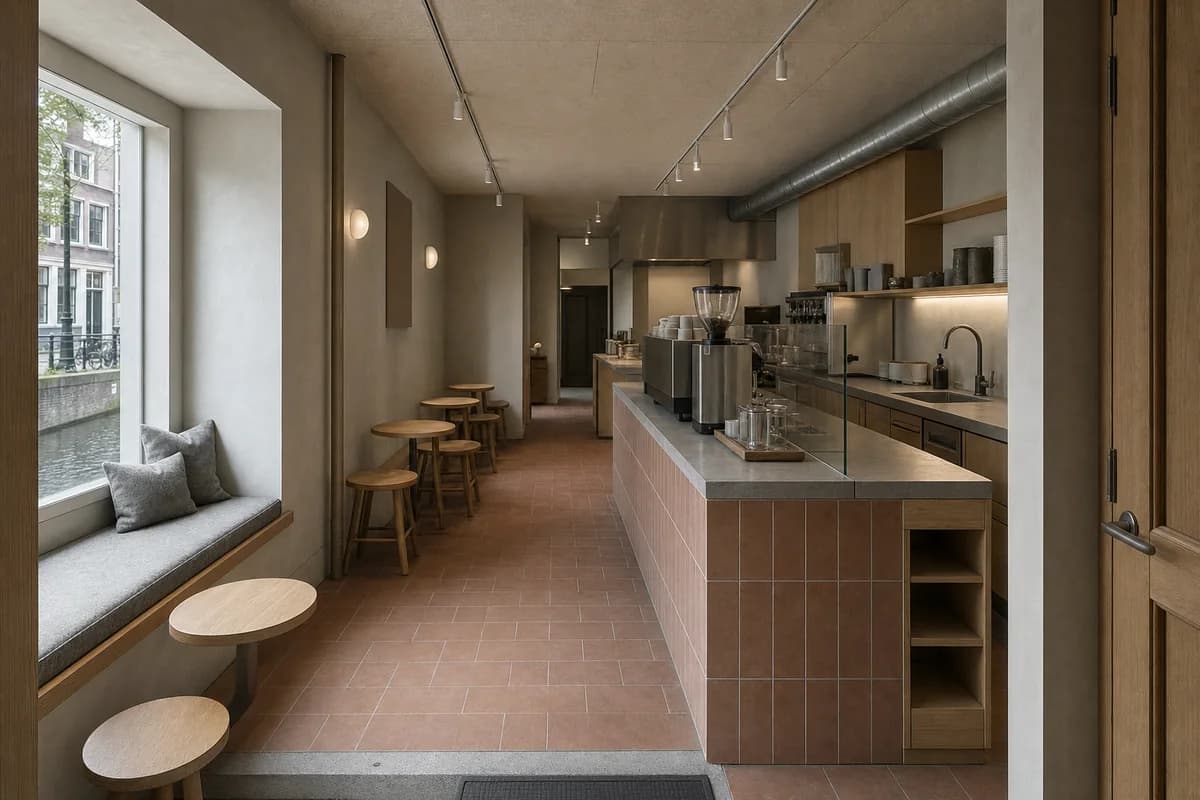 Canal Window Cafe, quiet coffee room organized by a deep window bench and rear counter preserving a narrow section.