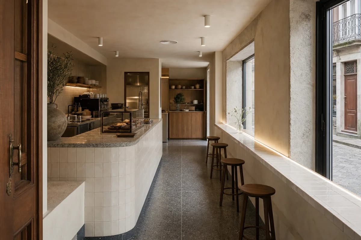Ceramic-Ledge Cafe, coffee and dessert room organized by a tiled ledge linking service counter and window seating.