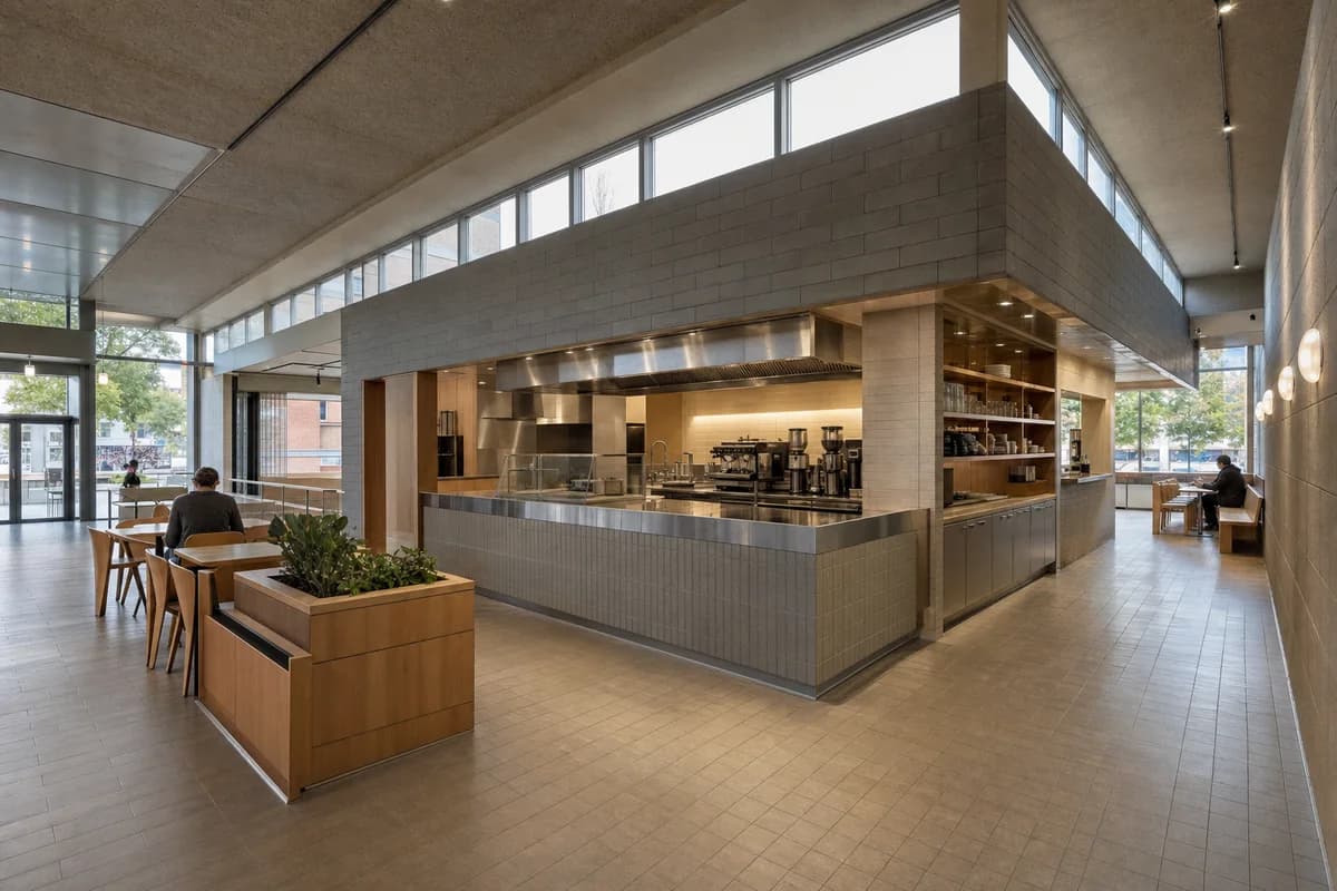 Civic Foyer Cafe, public-building cafe organized by a freestanding service core preserving clear foyer routes.