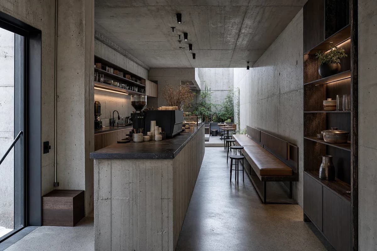 Concrete Slot Cafe, compact coffee bar organized by a bar lining a tall concrete slot with top-lit rear seating.