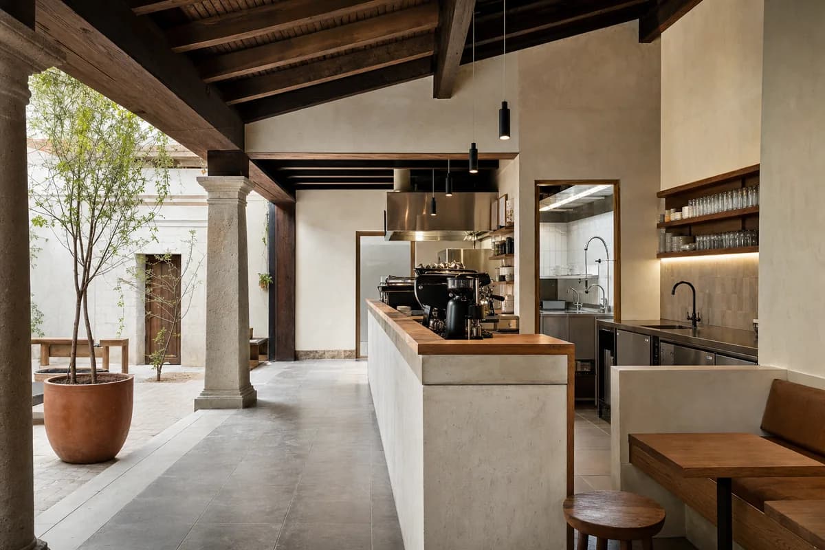 Courtyard Cocoa Room, beverage cafe organized by a counter wrapping a roofed court edge and visible wash zone.