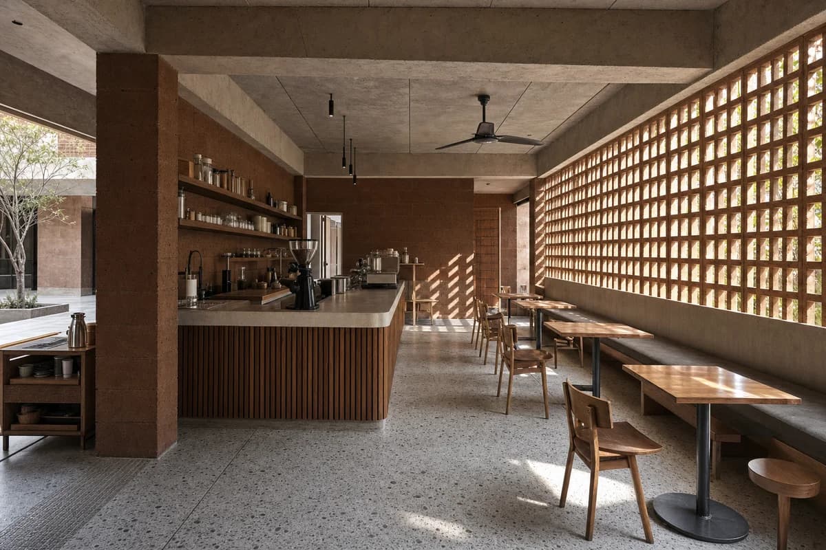 Courtyard Filter Cafe, quiet tea and coffee room organized by a perforated wall filtering court light across bar and seating.