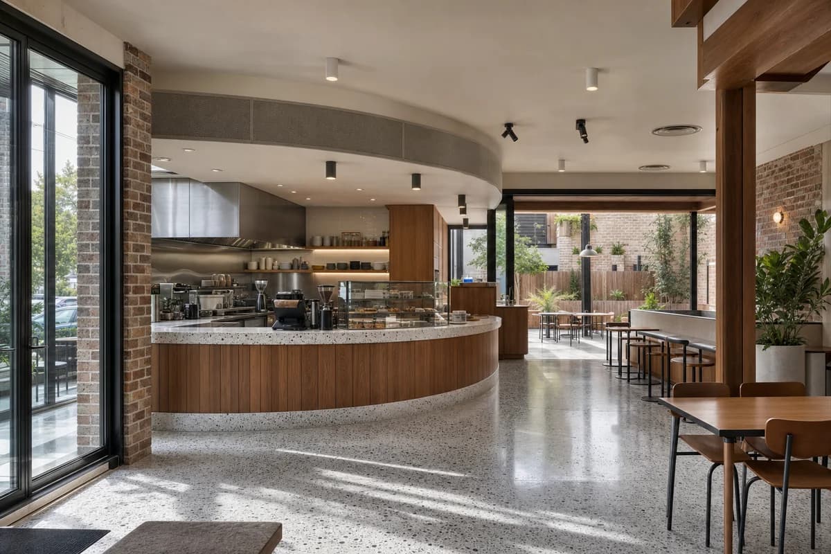 Courtyard Milk Bar, family cafe organized by a curved counter separating quick service from a rear family court.