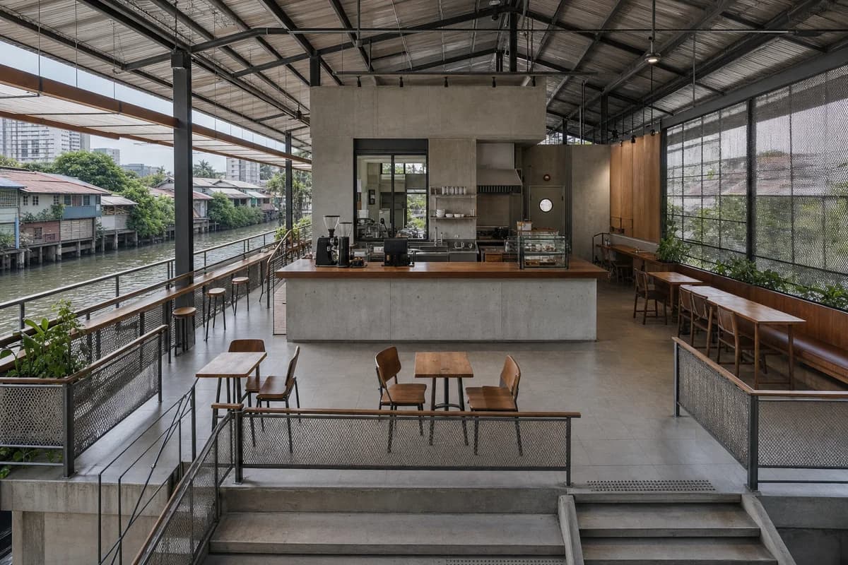 Flood-Level Cafe, raised canal-side cafe organized by an elevated service deck surrounding a compact utility core.