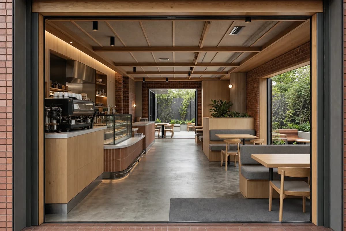 Garden Bay Coffee Room, suburban-center cafe organized by an expressed frame opening to two sheltered garden bays.