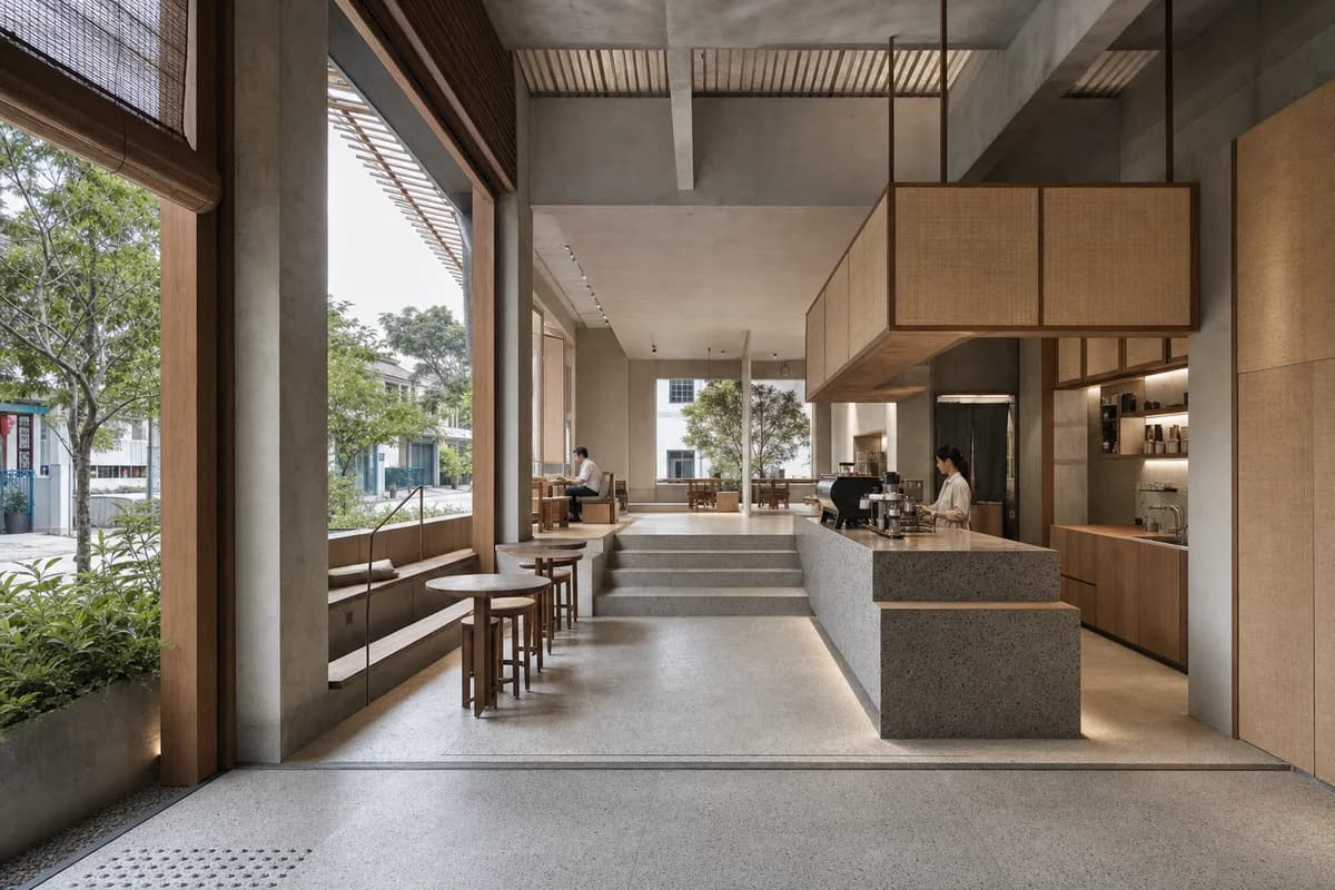 Garden Stair Tea Room, tea cafe organized by a stepped room negotiating garden level beneath a ventilated roof.