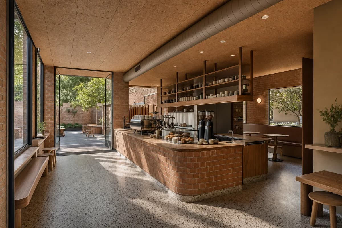 Garden-Wall Cafe, courtyard coffee house organized by a freestanding bar dividing street room and quiet rear court.