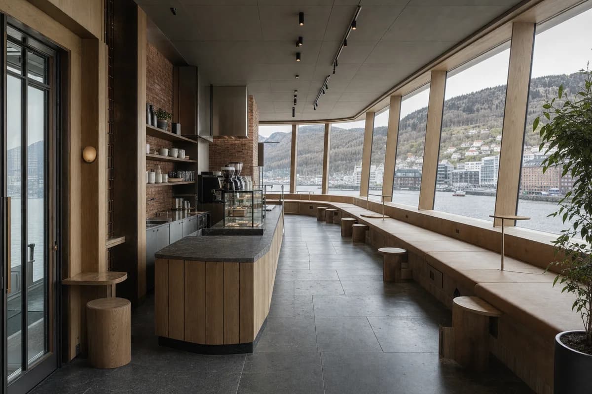 Harbor Bench Cafe, waterfront coffee room organized by a continuous bench following an angled weather-facing wall.