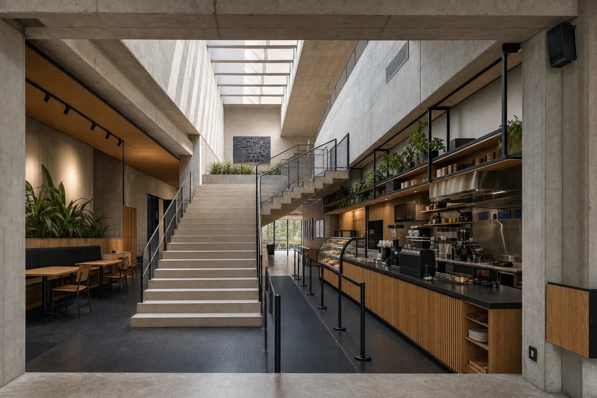 Library Stair Cafe, cultural-building cafe organized by the cafe occupying a widened stair landing without blocking circulation.