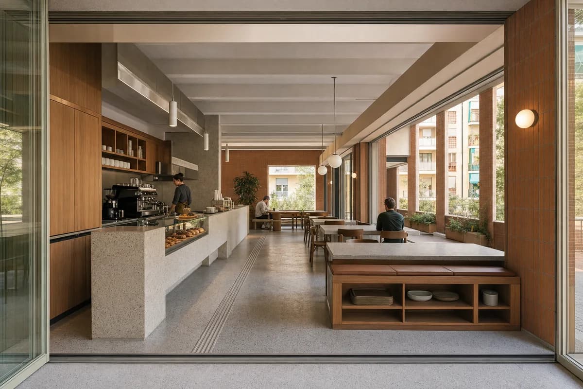Loggia Coffee Commons, cooperative cafe organized by counter and shared tables aligned with a deep communal loggia.