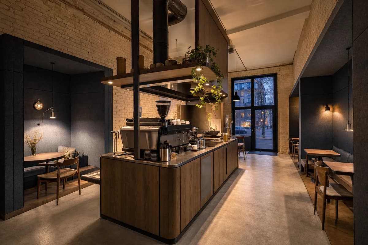 Low-Light Listening Cafe, evening cafe organized by one compact central espresso island and a clearly separate felt-lined listening wall organizing two quiet seating bays around a continuous 1.2-meter circulation loop.
