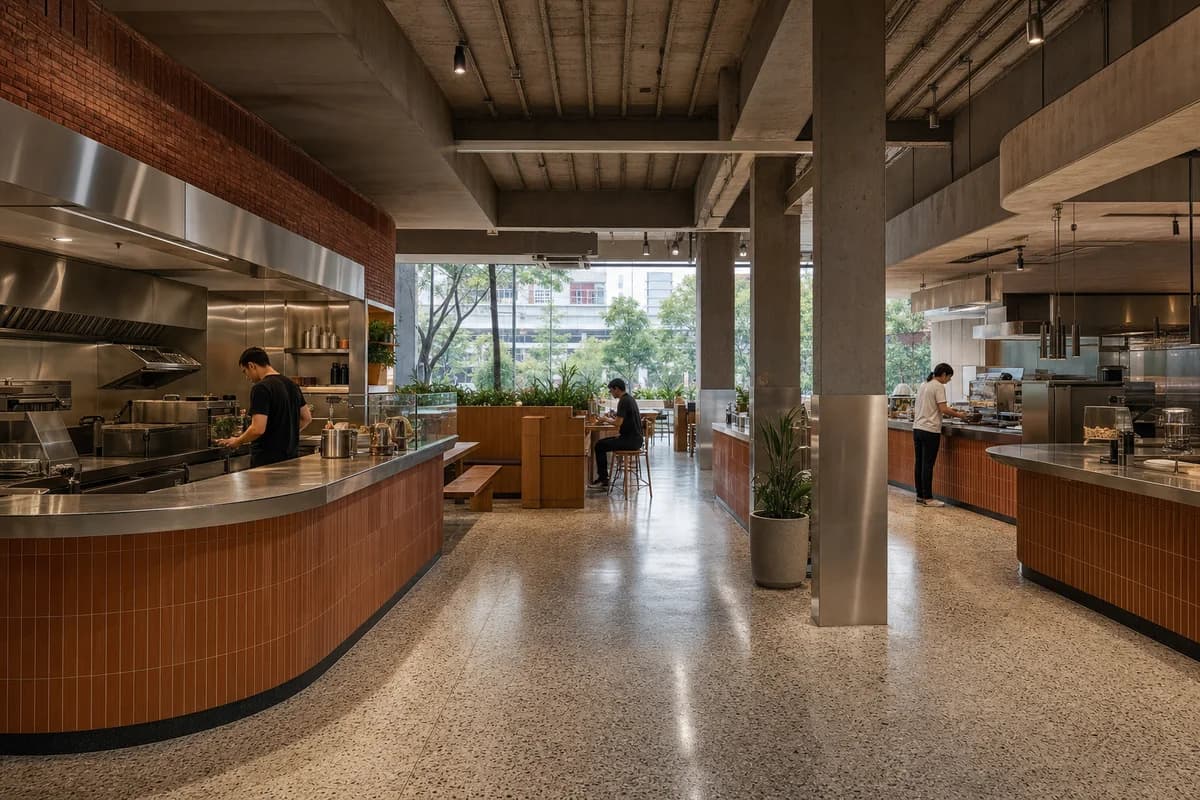 Market-Street Coffee Hall, multi-counter urban cafe organized by multiple compact counters sharing one shaded civic room.