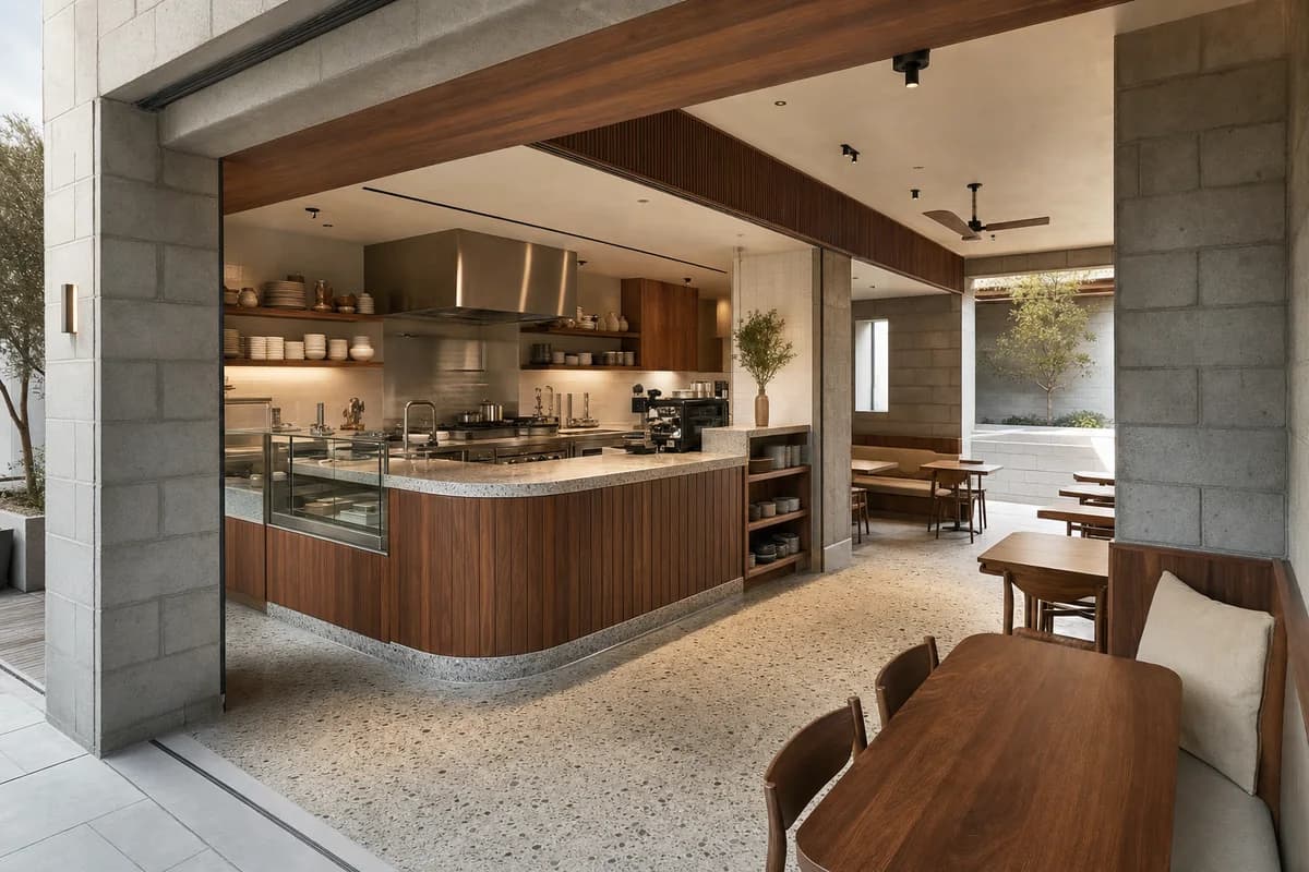 Neighborhood Breakfast Court, breakfast cafe organized by a kitchen bar and inward-facing court forming a compact plan.