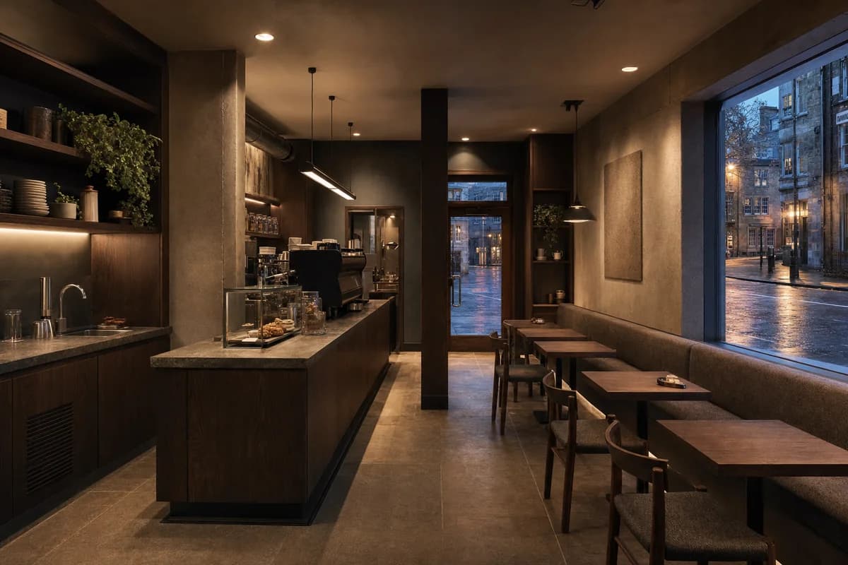 Night Window Cafe, late coffee room organized by a dark inner room focusing on counter, entry, and window reflections.