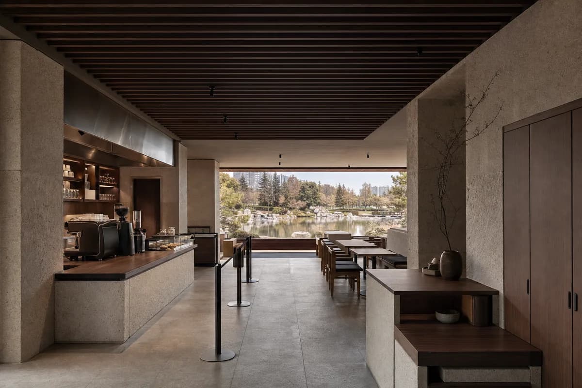 Reservoir-Edge Cafe, landscape cafe organized by a low room framing a controlled water view beneath a heavy roof.