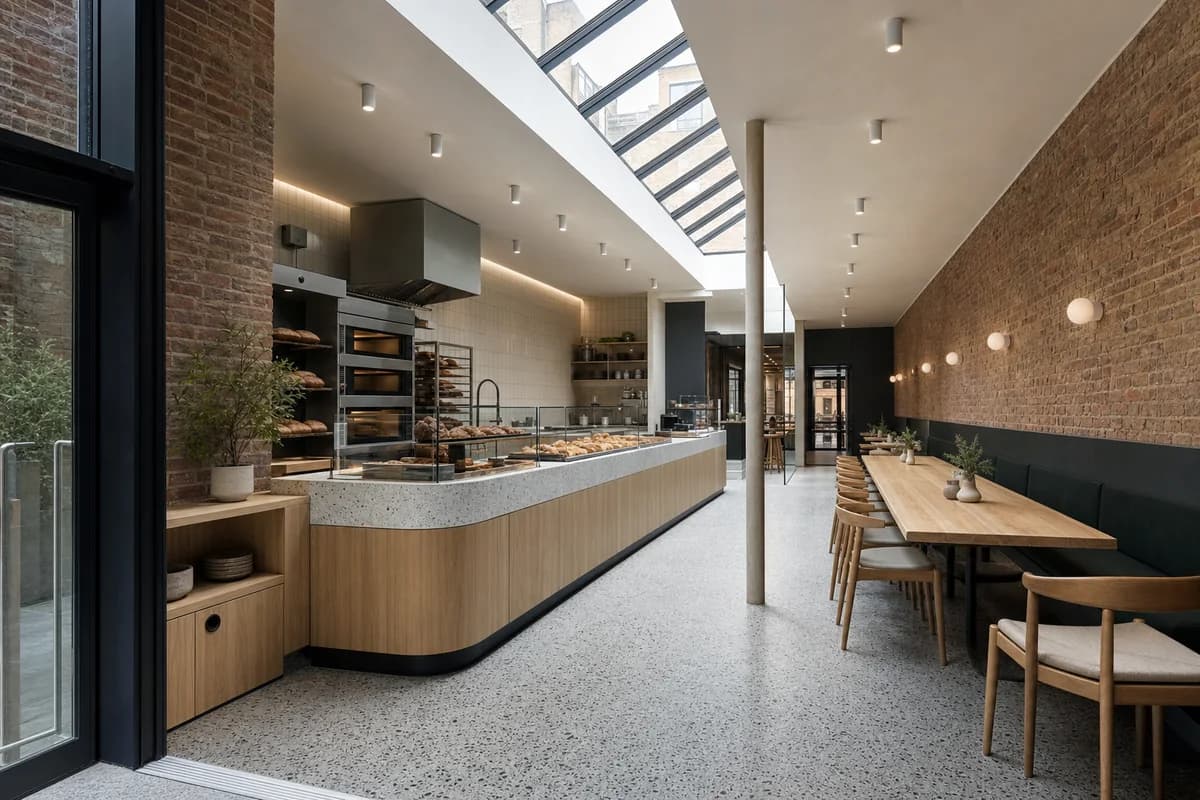 Rooflight Bakery Cafe, bakery and seating room organized by a linear rooflight separating bake counter from communal table.