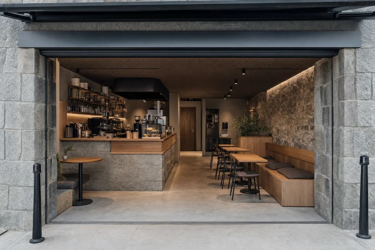 Seafront Shelter Cafe, weather-protected cafe organized by thick sidewalls and a low canopy protecting a compact room.