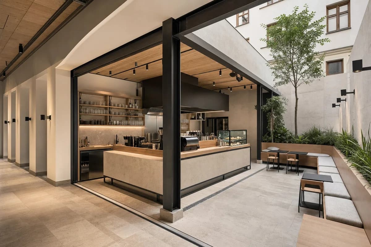 Stone Bench Coffee Court, courtyard cafe organized by a perimeter bench and compact counter framing an open-air center.
