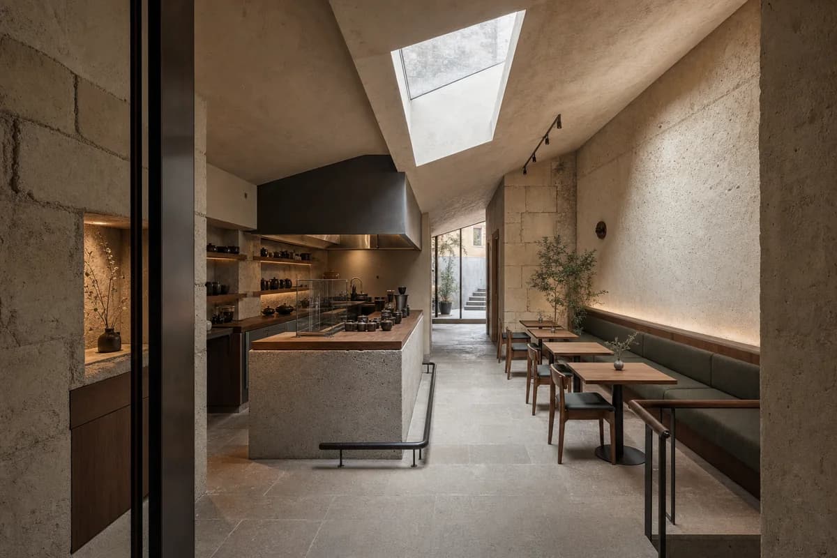 Stone-Light Tea Room, quiet tea cafe organized by masonry walls framing an asymmetric rooflight and low service bar.