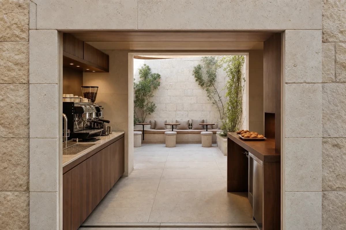 Stone Portal Cafe, neighborhood coffee room organized by one deep rectangular limestone portal containing a walnut espresso counter on one jamb, a pickup shelf on the other, and a 1.2-meter clear route connecting the street room to six fixed seats in the shaded court.