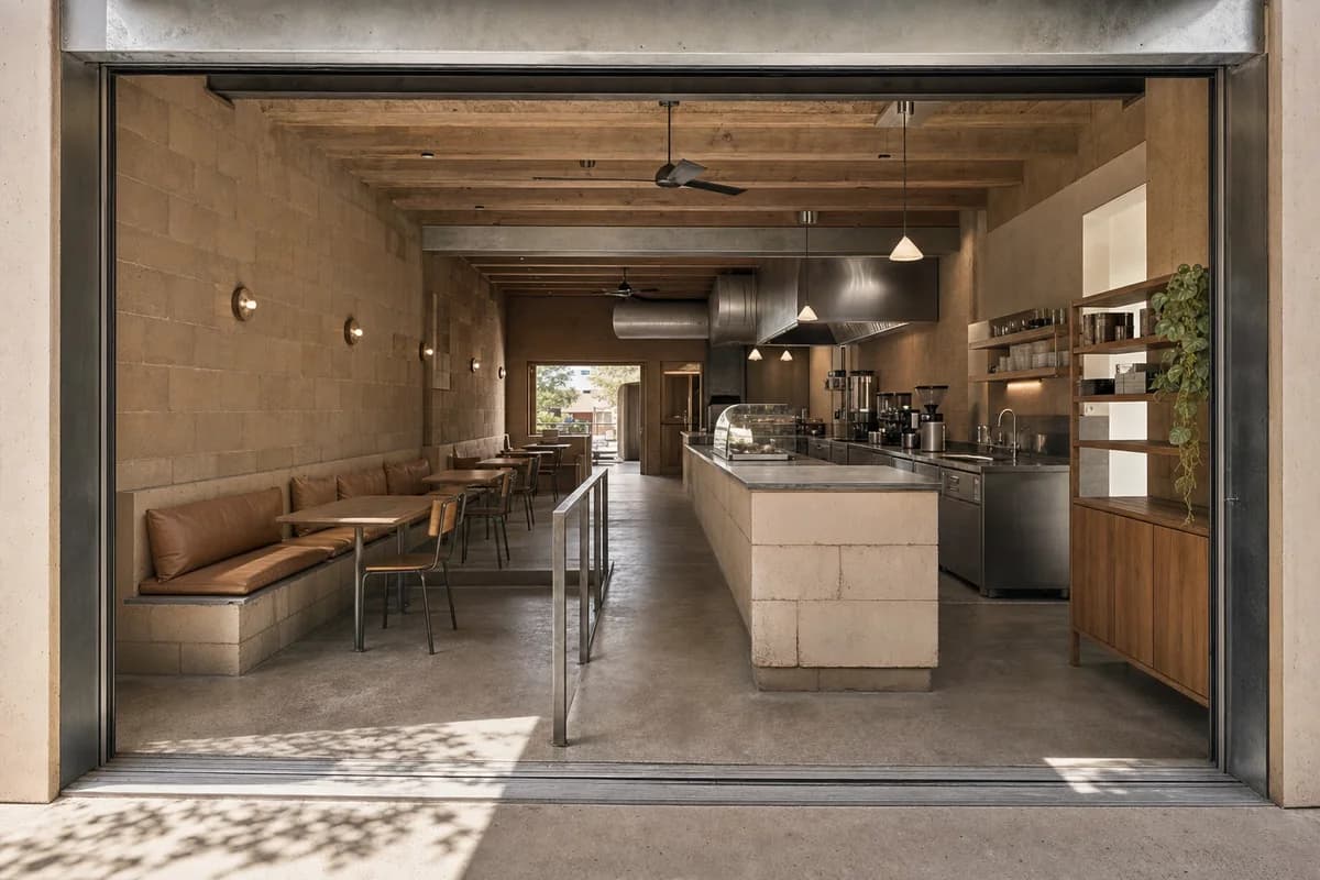 Thermal-Wall Coffee Bar, desert-neighborhood cafe organized by seating inhabiting a thick shaded wall behind a deep canopy.