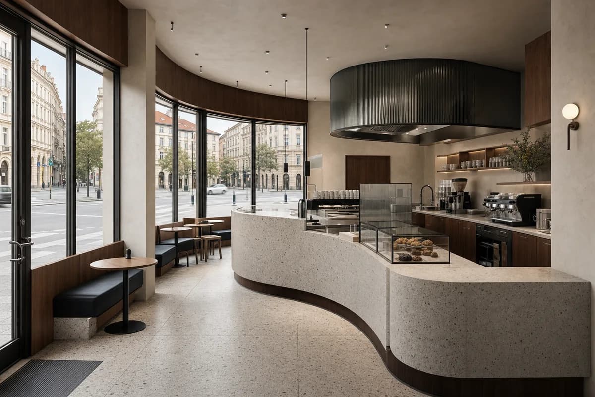 Tram-Corner Coffee Room, commuter cafe organized by a curved counter resolving two street frontages and clear sightlines.