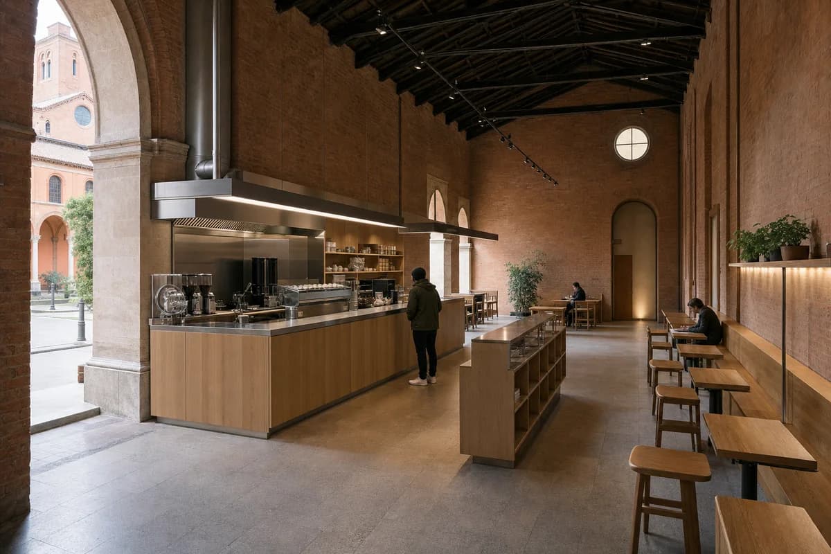 University Cloister Cafe, campus cafe organized by a service edge inhabiting a cloister bay without obscuring structure.