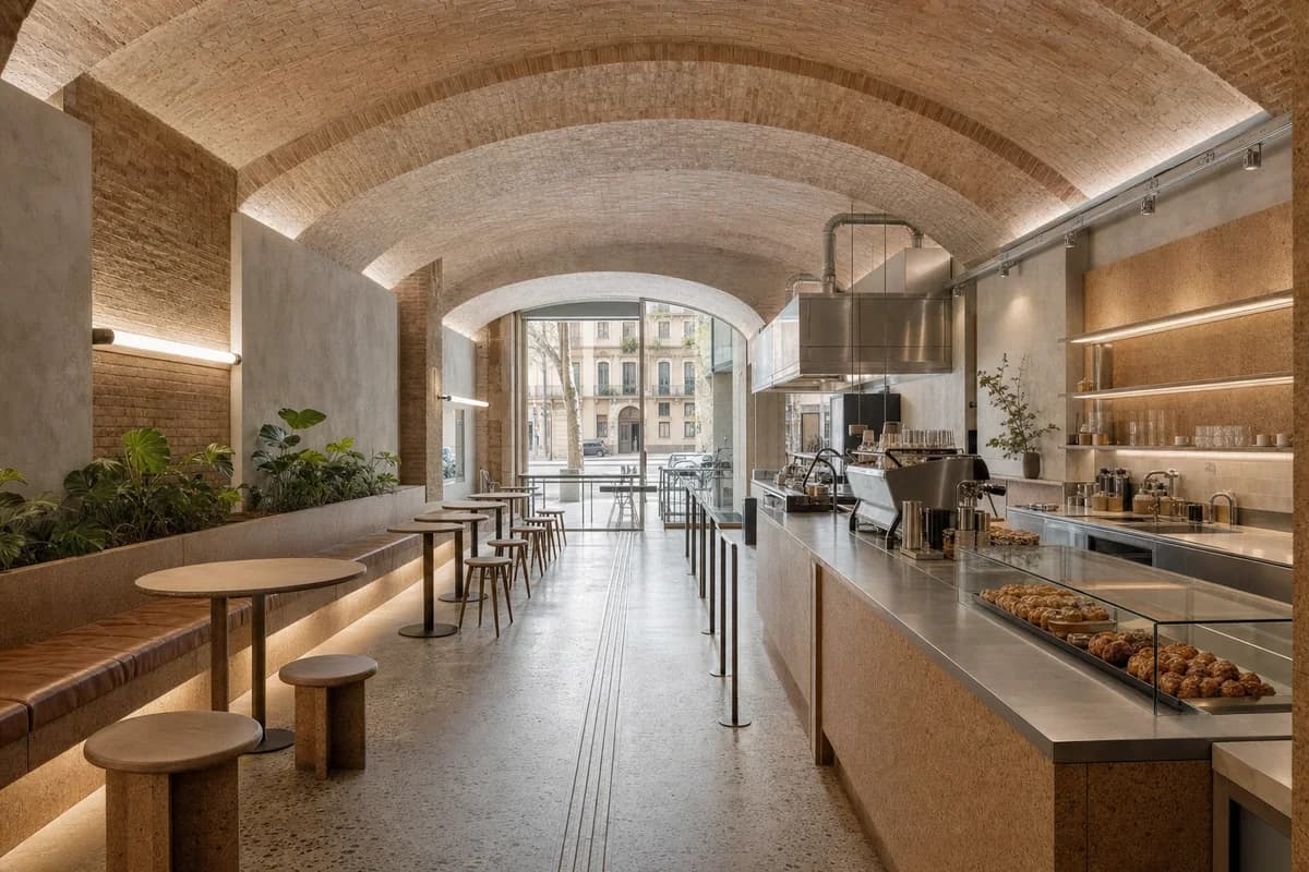 Vault Bay Cafe, coffee and pastry room organized by retained shallow vaults setting counter and seating bays.