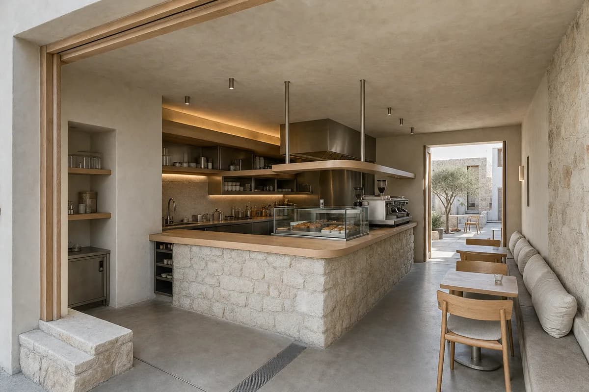 Wind-Court Coffee Room, island cafe organized by an L-shaped counter sheltering a court from prevailing wind.