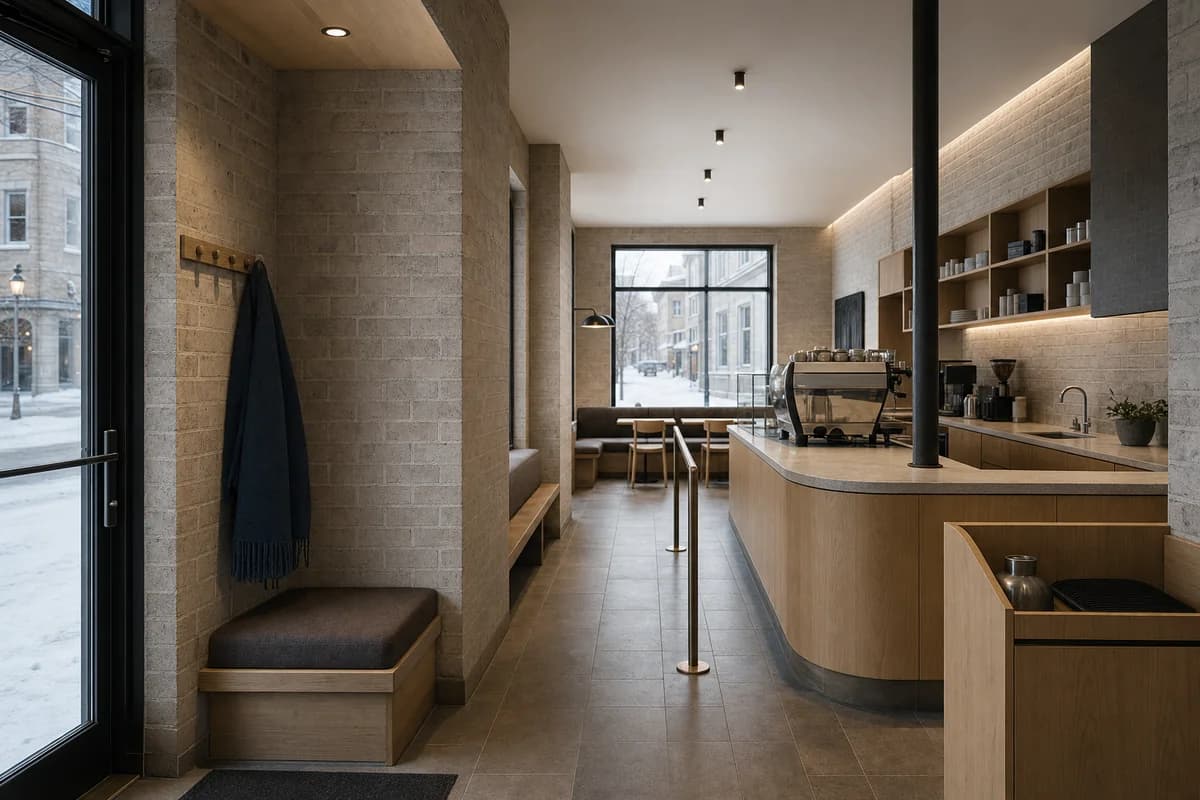 Winter Vestibule Cafe, cold-climate coffee room organized by a protected entry sequence opening to a compact shared room.