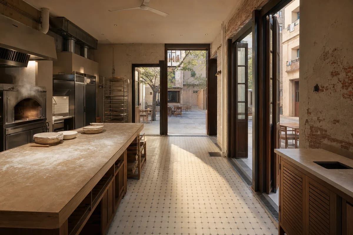 Reused-brick public bakery receiving first light across its courtyard.