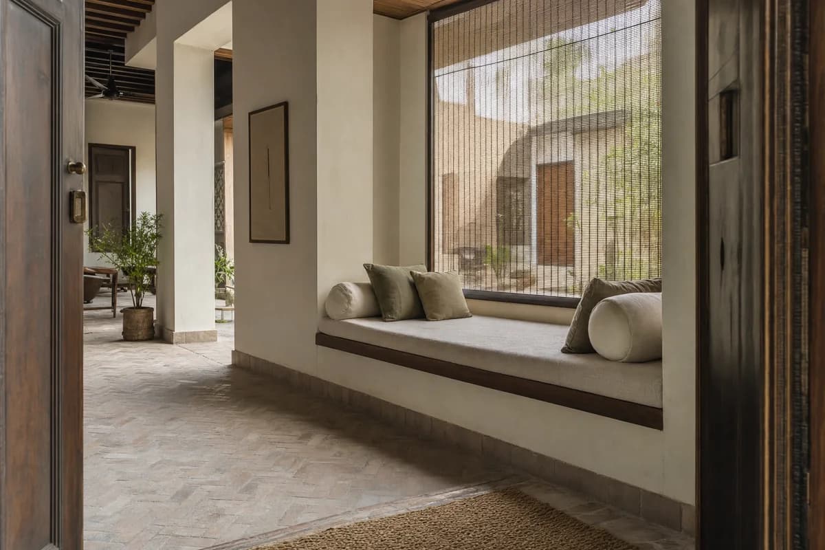 Brick Plinth Daybed, furniture shaping courtyard-house lounge with a masonry daybed.
