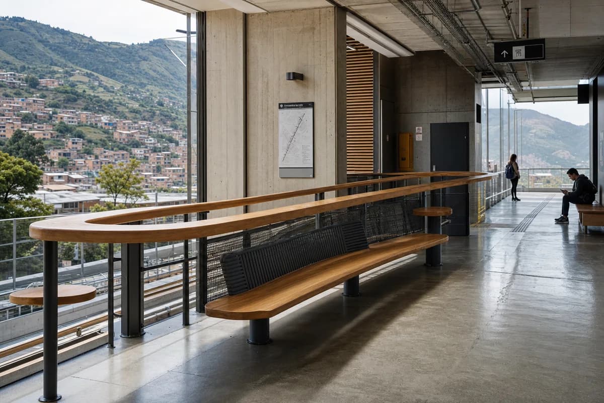 Concrete Perch Rail, furniture shaping transit lounge with a continuous leaning rail.