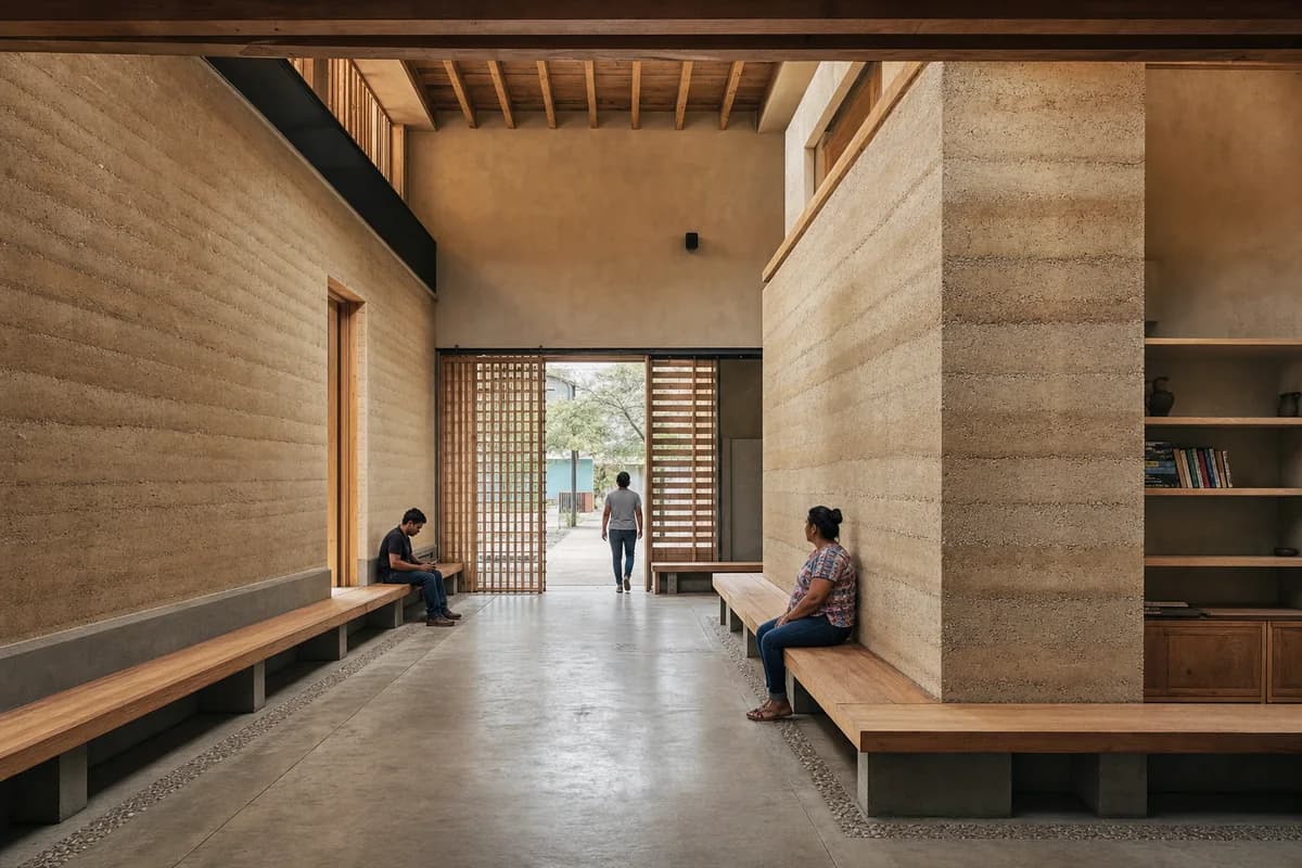 Earthen Backrest Bench, furniture shaping community hall with a perimeter bench.