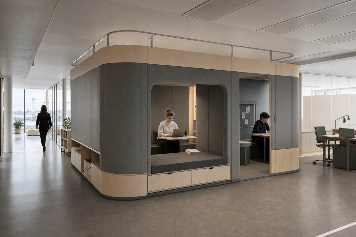 Folded Felt Island, furniture shaping workplace commons with an acoustic island.