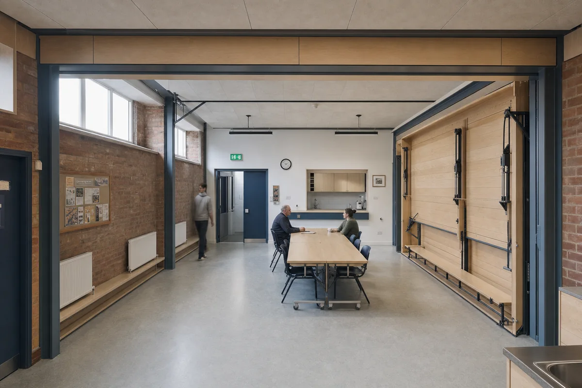 Folding Choir Table, furniture shaping community room with a hinged communal table.