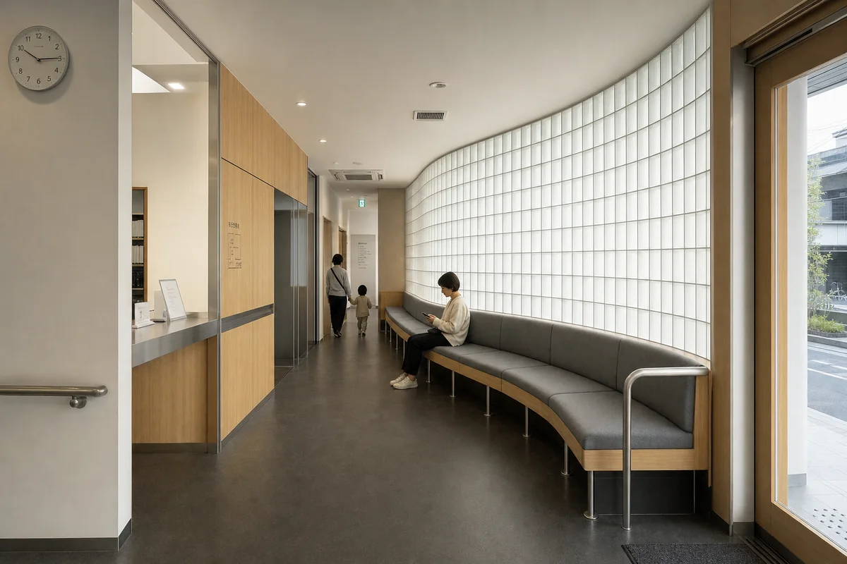 Glass Block Banquette, furniture shaping clinic waiting room with an integrated banquette.