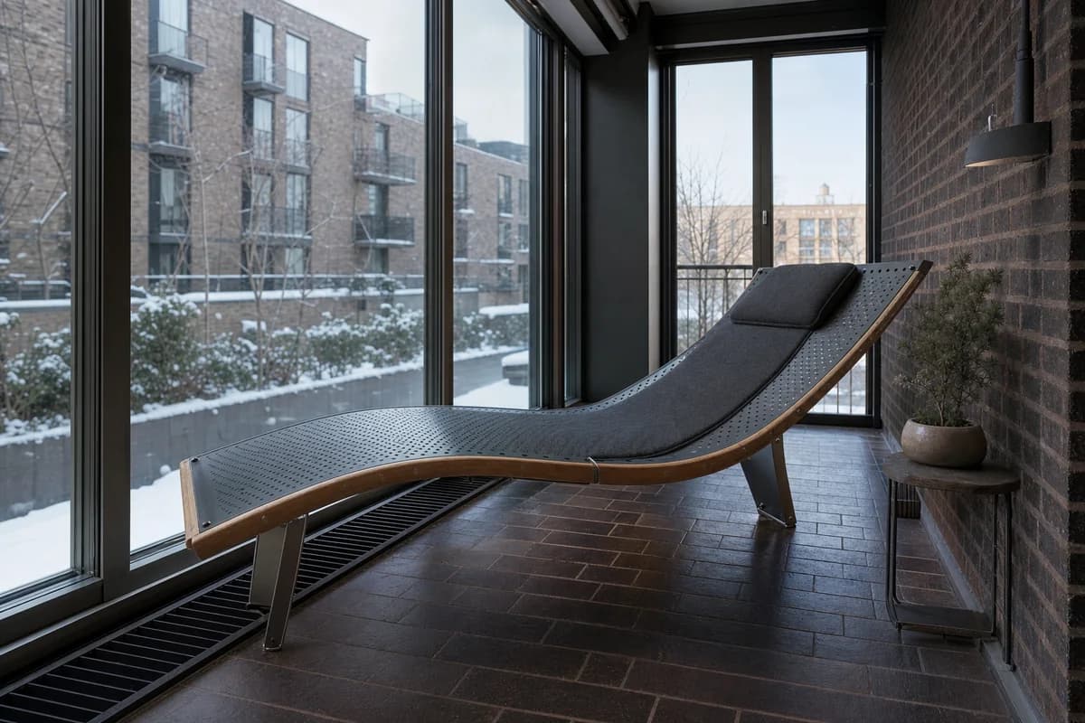 Perforated Metal Chaise, furniture shaping winter garden with a long chaise.