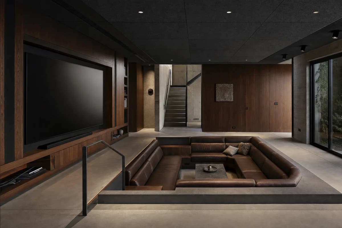 Recessed Leather Pit, furniture shaping media room with an inset sectional.