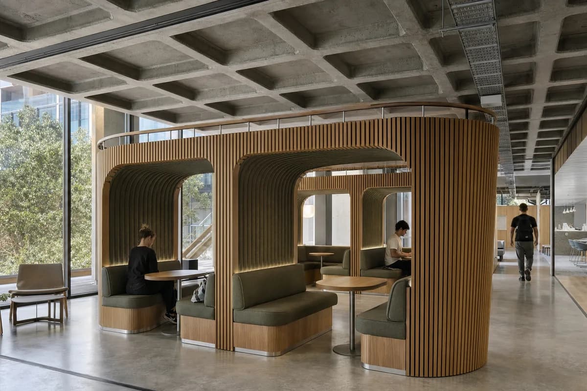 Ribbed Timber Cocoon, furniture shaping university lounge with enclosed chair clusters.