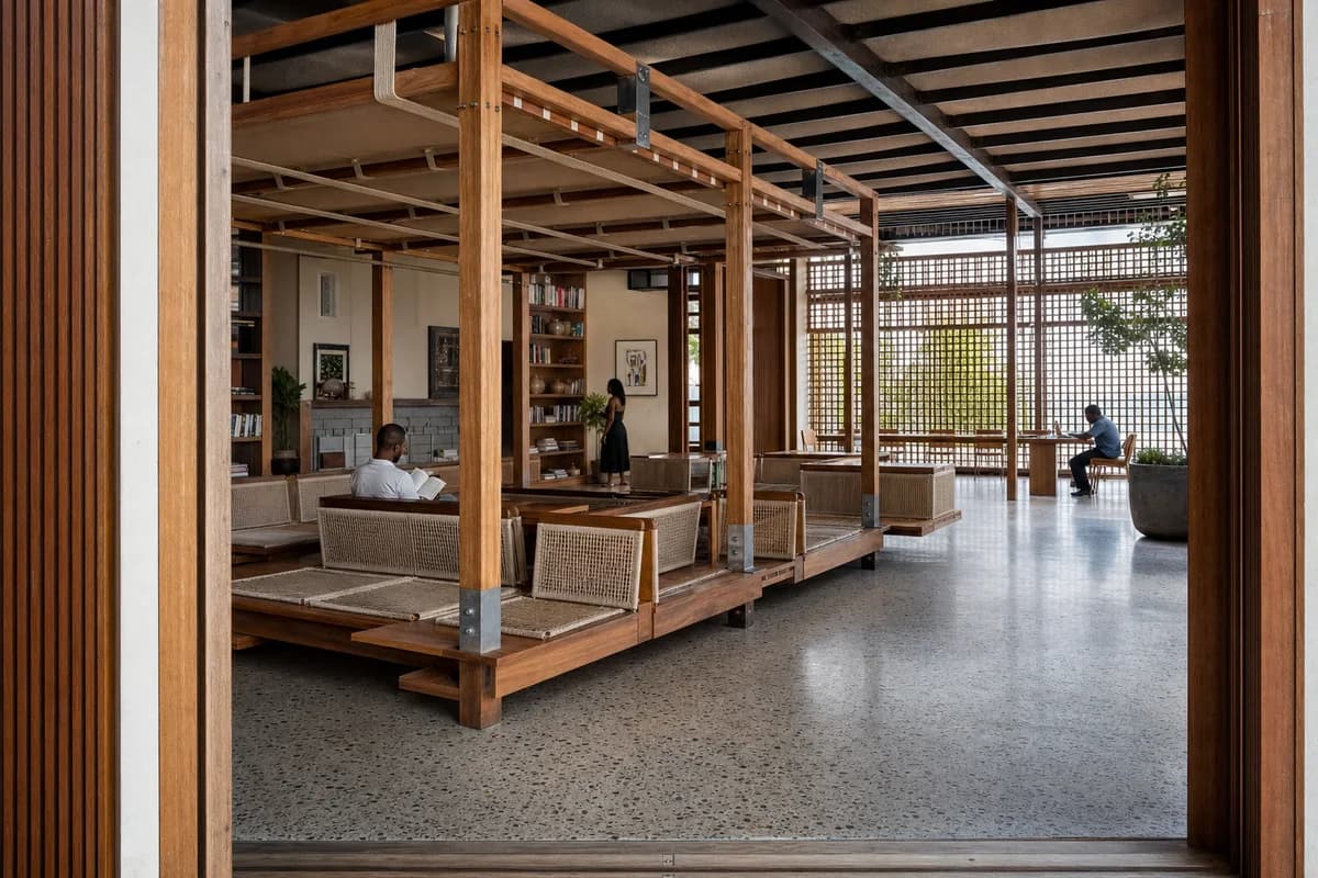 Rope-Laced Lounge Frame, furniture shaping coastal reading room with modular seating.