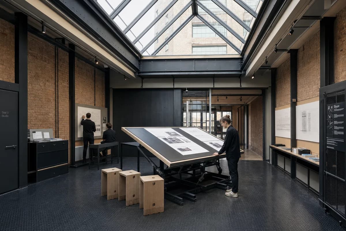 Steel Easel Table, furniture shaping gallery education room with a tilting table.